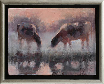 Koeien in de mist | dieren schilderij in olieverf van Corry Kooy koopt u nu online! ✓Hoogste kwaliteit & service ✓Veilig betalen ✓Gratis verzending