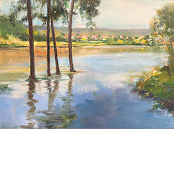 Buiten de oevers | landschap schilderij  van Hans Musters koopt u nu online! ✓Hoogste kwaliteit & service ✓Veilig betalen ✓Gratis verzending