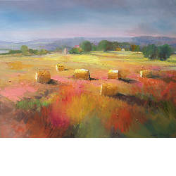 Het gehooide land | landschap in olieverf van Hans Musters koopt u nu online! ✓Hoogste kwaliteit & service ✓Veilig betalen ✓Gratis verzending