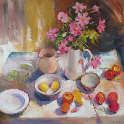 Stilleven met lavatera | stilleven van Hans Musters koopt u nu online! ✓Hoogste kwaliteit & service ✓Veilig betalen ✓Gratis verzending