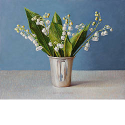 Lelietjes van Dalen in zilveren bekertje | stilleven schilderij van Ingrid Smuling koopt u nu online! ✓Veilig betalen ✓Gratis verzending