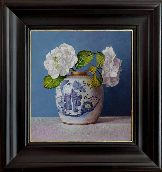 Witte hortensia in Chinese pul