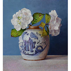 Witte hortensia in Chinese pul | stilleven schilderij van Ingrid Smuling koopt u nu online! ✓Hoogste kwaliteit  ✓Veilig betalen ✓Gratis verzending