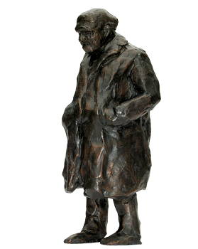 Dikke man | bronzen beeld van een oude man met lange jas van Maja van Berkestijn koopt u nu online! ✓Veilig betalen ✓Gratis verzending