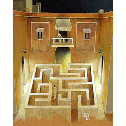 Doolhof | Avonduren | architectuur schilderij van Michiel Schrijver koopt u nu online! ✓Hoogste kwaliteit & service ✓Veilig betalen ✓Gratis verzending